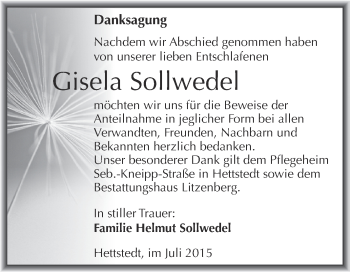 Traueranzeige von Gisela Sollwedel von Wochenspiegel Mansfelder Land