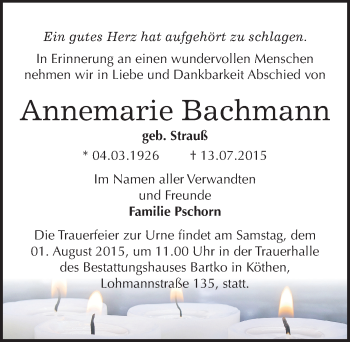 Traueranzeige von Annemarie Bachmann von Mitteldeutsche Zeitung Köthen