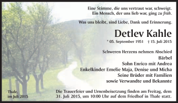 Traueranzeige von Detlev Kahle von WVG - Wochenspiegel Quedlinburg