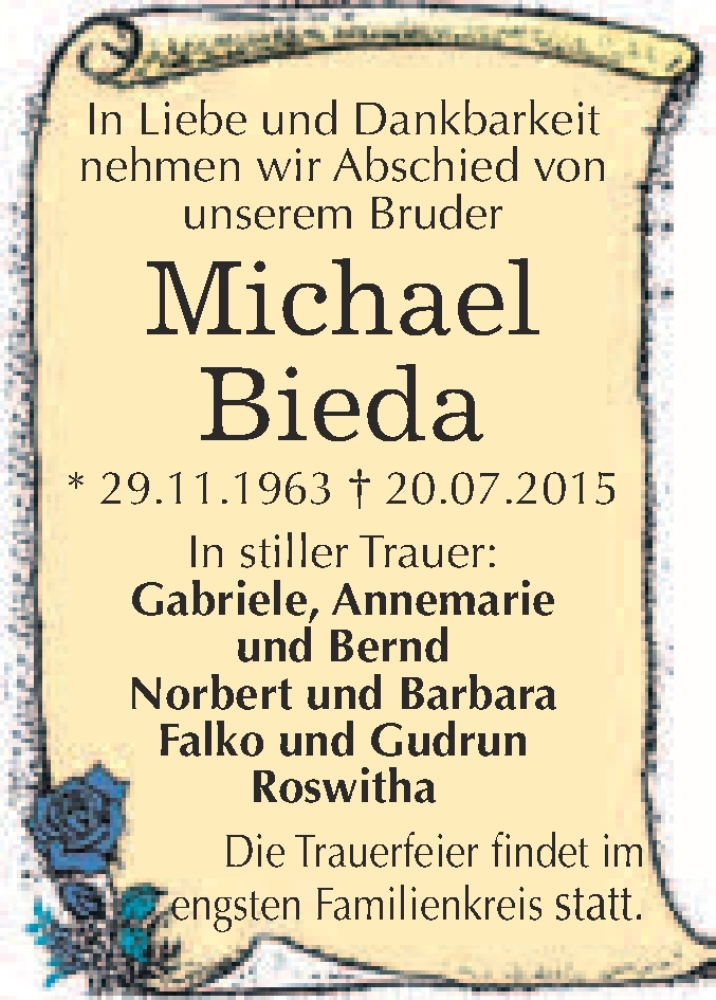  Traueranzeige für Michael Bieda vom 25.07.2015 aus WVG - Wochenspiegel Merseburg