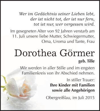 Traueranzeige von Dorothea Görmer von WVG - Wochenspiegel NMB / WSF / ZTZ