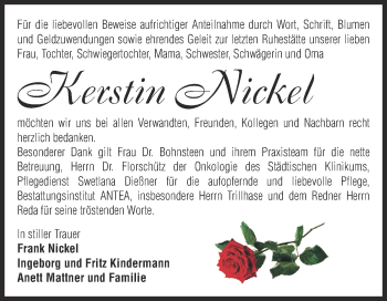 Traueranzeige von Kerstin Nickel von WVG - Wochenspiegel Dessau / Köthen