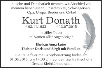 Traueranzeige von Kurt Donath von WVG - Wochenspiegel Dessau / Köthen