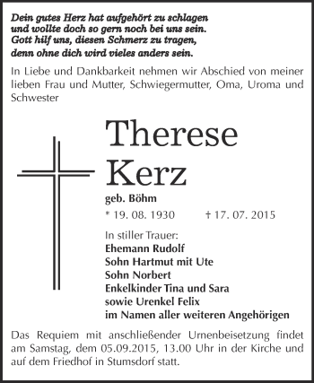 Traueranzeige von Therese Kerz von WVG - Wochenspiegel Bitterfeld