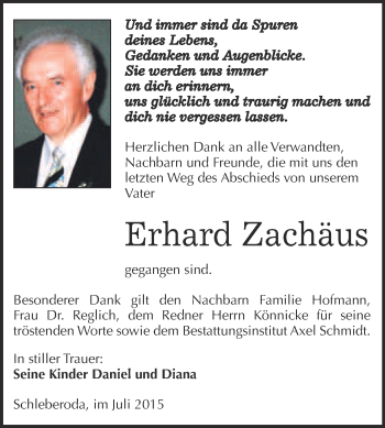 Traueranzeige von Erhard Zachäus von WVG - Wochenspiegel NMB / WSF / ZTZ