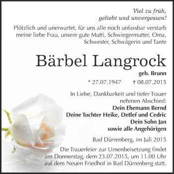 Traueranzeige von Bärbel Langrock von Super Sonntag Merseburg