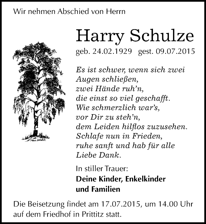  Traueranzeige für Harry Schulze vom 15.07.2015 aus Mitteldeutsche Zeitung Weißenfels