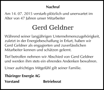 Traueranzeige von Gerd Geldner von Mitteldeutsche Zeitung Mansfelder Land
