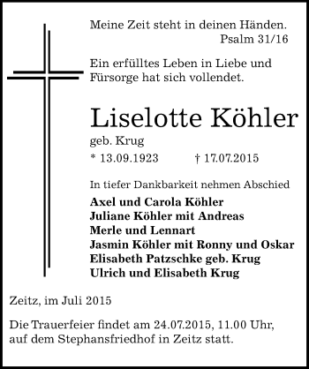 Traueranzeige von Liselotte Köhler von Mitteldeutsche Zeitung Zeitz