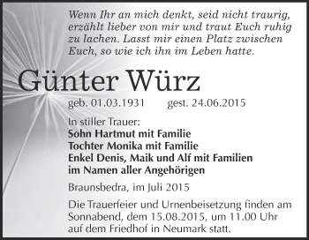 Traueranzeige von Günter Würz von WVG - Wochenspiegel Merseburg