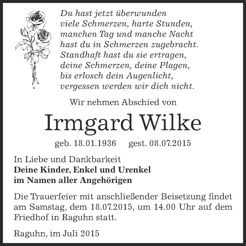  Traueranzeige für Irmgard Wilke vom 15.07.2015 aus WVG - Wochenspiegel Bitterfeld