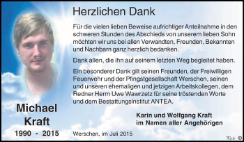 Traueranzeige von Michael Kraft von WVG - Wochenspiegel NMB / WSF / ZTZ