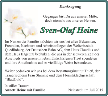 Traueranzeige von Sven-Olaf Heine von Super Sonntag Quedlinburg