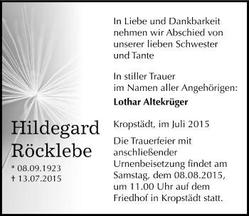Traueranzeige von Hildegard Röcklebe von Mitteldeutsche Zeitung Wittenberg