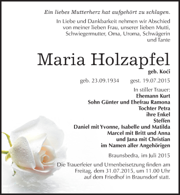 Traueranzeige von Maria Holzapfel von Mitteldeutsche Zeitung Merseburg/Querfurt