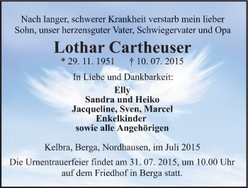 Traueranzeige von Lothar Cartheuser von Mitteldeutsche Zeitung Sangerhausen