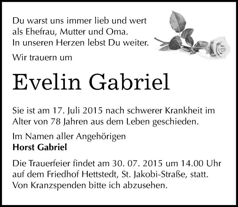  Traueranzeige für Evelin Gabriel vom 22.07.2015 aus Mitteldeutsche Zeitung Mansfelder Land