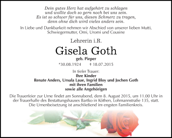 Traueranzeige von Gisela Goth von WVG - Wochenspiegel Dessau / Köthen