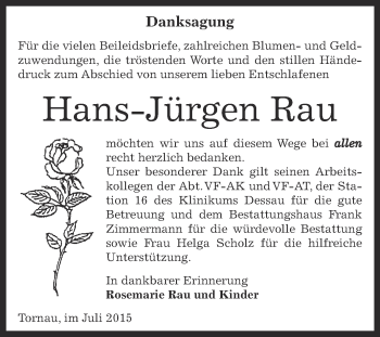 Traueranzeige von Hans-Jürgen Rau von WVG - Wochenspiegel Dessau / Köthen