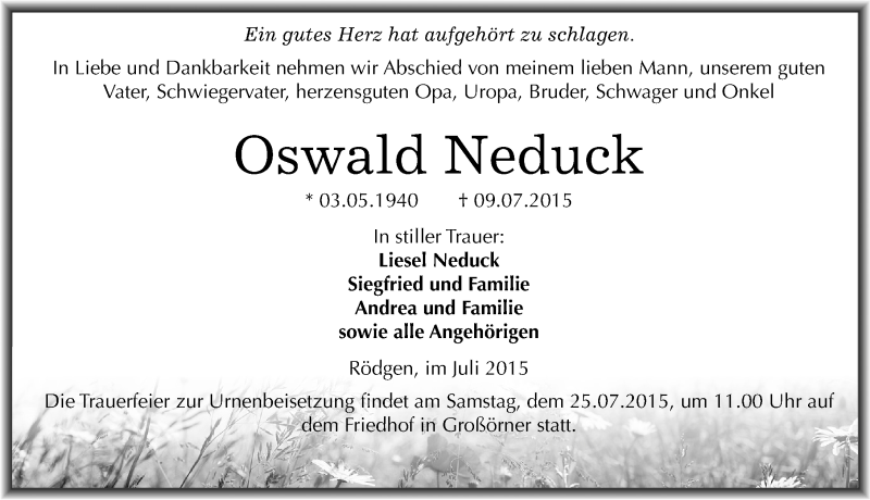  Traueranzeige für Oswald Neduck vom 15.07.2015 aus Mitteldeutsche Zeitung Mansfelder Land