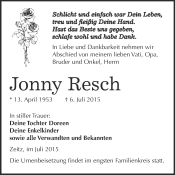 Traueranzeige von Jonny Resch von WVG - Wochenspiegel NMB / WSF / ZTZ