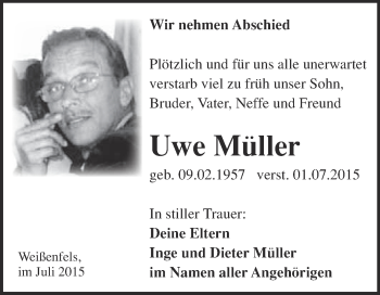 Traueranzeige von Uwe Müller von WVG - Wochenspiegel NMB / WSF / ZTZ