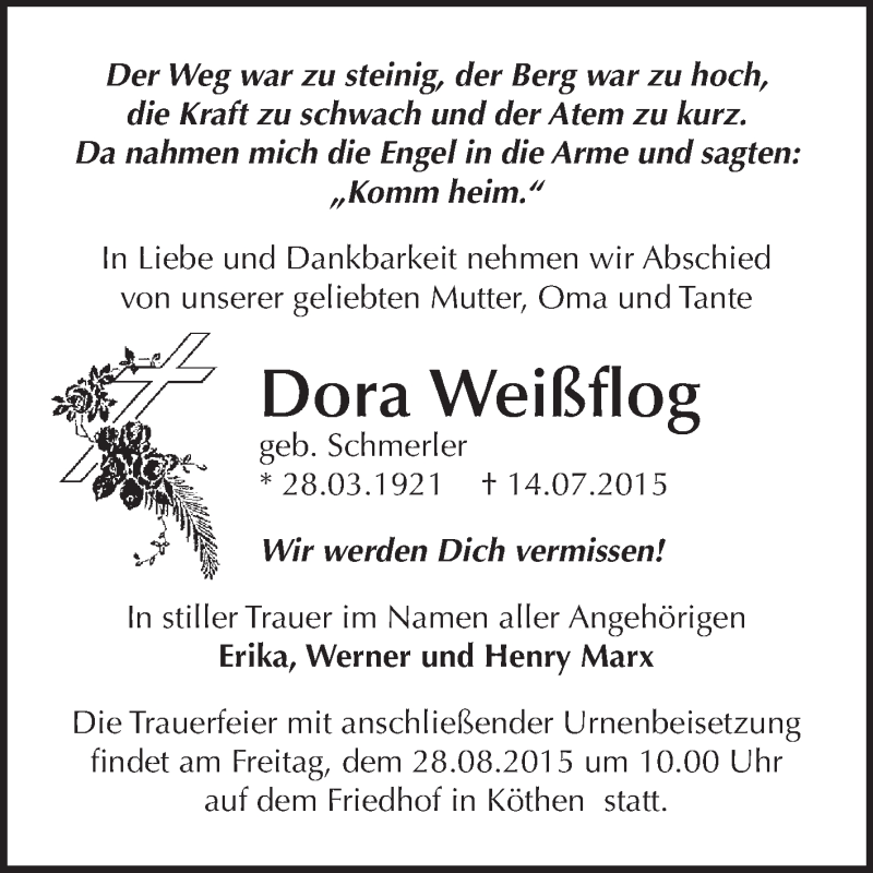  Traueranzeige für Dora Weißflog vom 25.07.2015 aus WVG - Wochenspiegel Dessau / Köthen