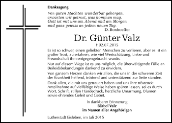 Traueranzeige von Günter Valz von Mitteldeutsche Zeitung Mansfelder Land