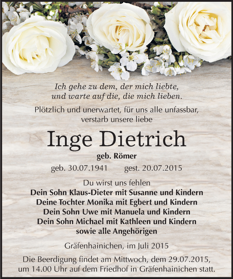  Traueranzeige für Inge Dietrich vom 24.07.2015 aus Mitteldeutsche Zeitung Wittenberg