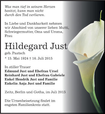 Traueranzeige von Hildegard Just von Mitteldeutsche Zeitung Zeitz