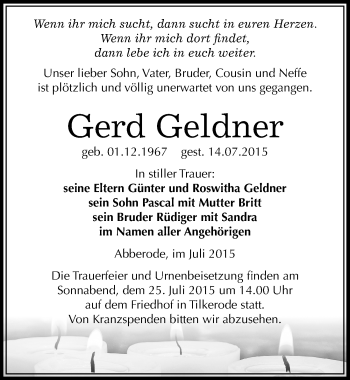Traueranzeige von Gerd Geldner von Mitteldeutsche Zeitung Mansfelder Land
