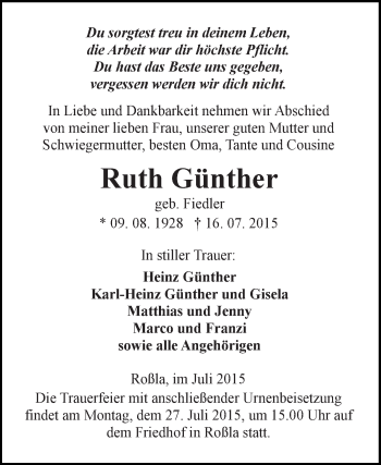 Traueranzeige von Ruth Günther von Super Sonntag SGH Mansf. Land