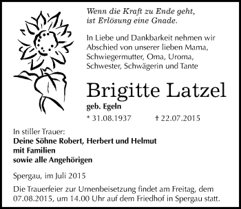 Traueranzeige von Brigitte Latzel von Mitteldeutsche Zeitung