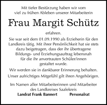 Traueranzeige von Margit Schütz von Mitteldeutsche Zeitung Bernburg
