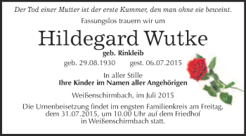Traueranzeige von Hildegard Wutke von WVG - Wochenspiegel Merseburg