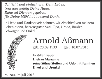 Traueranzeige von Arnold Aßmann von Super Sonntag Merseburg