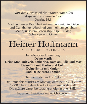 Traueranzeige von Heiner Hoffmann von Mitteldeutsche Zeitung Quedlinburg