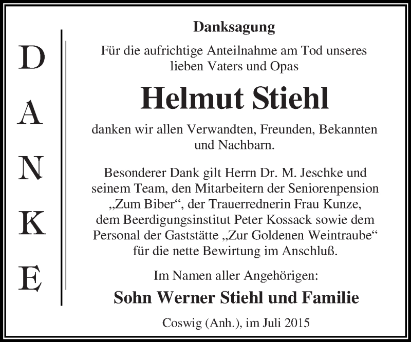  Traueranzeige für Helmut Stiehl vom 25.07.2015 aus WVG - Wochenspiegel Dessau / Köthen