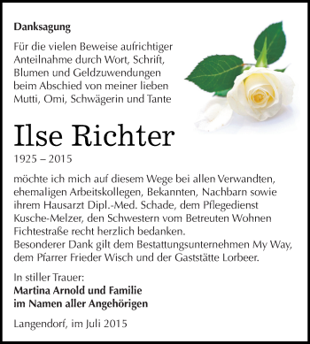 Traueranzeige von Ilse Richter von WVG - Wochenspiegel NMB / WSF / ZTZ