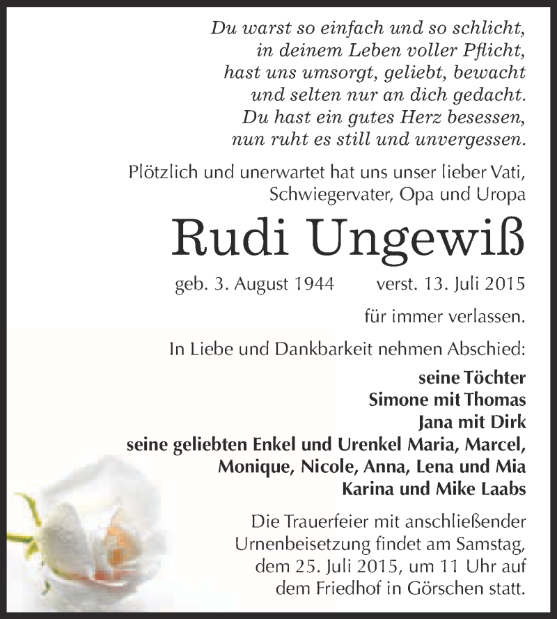  Traueranzeige für Rudi Ungewiß vom 22.07.2015 aus WVG - Wochenspiegel NMB / WSF / ZTZ