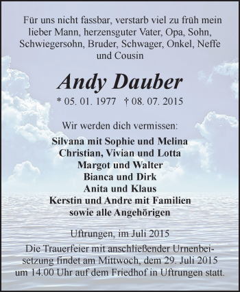 Traueranzeige von Andy Dauber von Super Sonntag SGH Mansf. Land