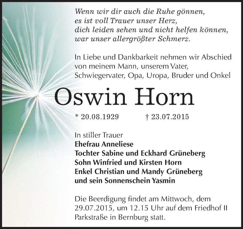  Traueranzeige für Oswin Horn vom 25.07.2015 aus Super Sonntag Bernburg