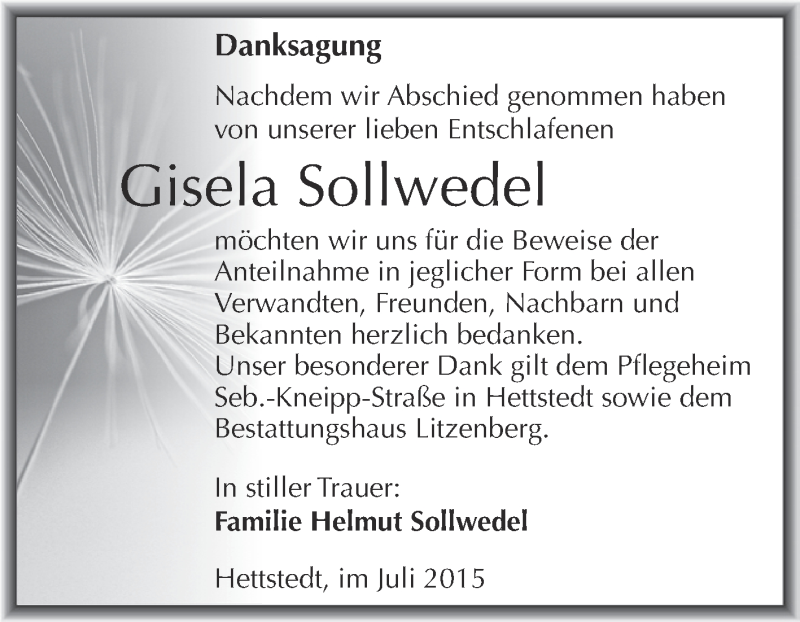  Traueranzeige für Gisela Sollwedel vom 29.07.2015 aus Wochenspiegel Mansfelder Land