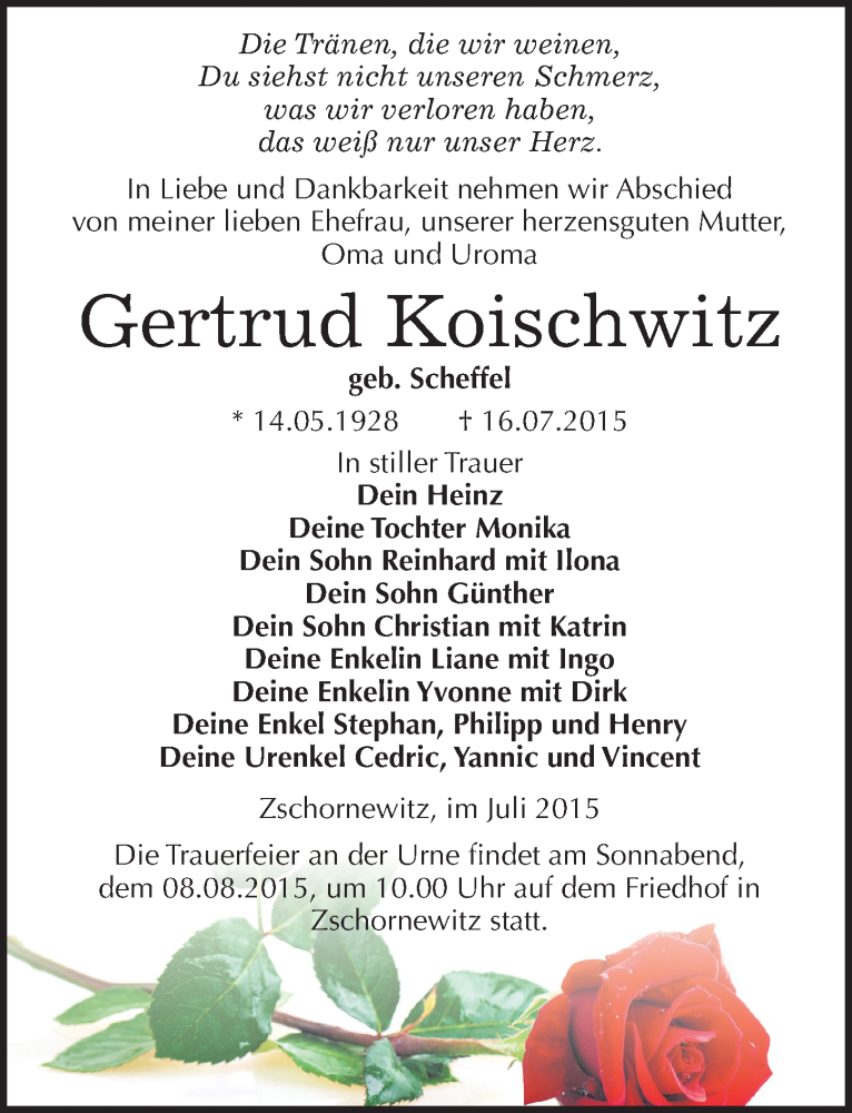  Traueranzeige für Gertrud Koischwitz vom 25.07.2015 aus Mitteldeutsche Zeitung Wittenberg