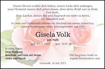 Traueranzeige von Gisela Volk von WVG - Wochenspiegel SGH