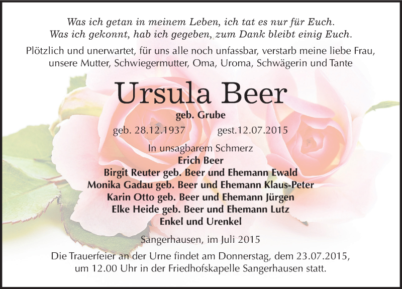  Traueranzeige für Ursula Beer vom 17.07.2015 aus Mitteldeutsche Zeitung Sangerhausen