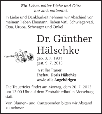 Traueranzeige von Günther Hälschke von WVG - Wochenspiegel Merseburg