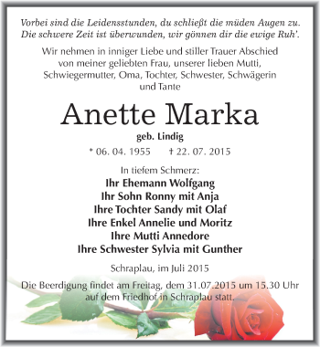 Traueranzeige von Anette Marka von Mitteldeutsche Zeitung Merseburg/Querfurt