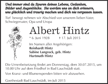 Traueranzeige von Albert Hintz von WVG - Wochenspiegel Merseburg