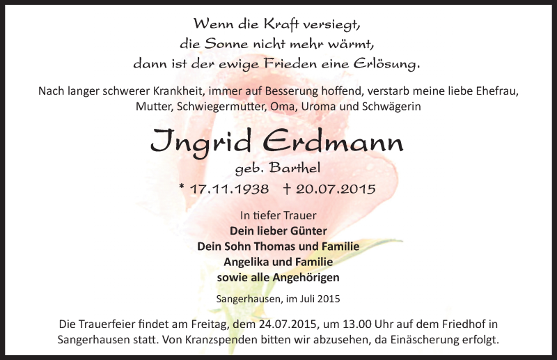  Traueranzeige für Ingrid Erdmann vom 23.07.2015 aus Mitteldeutsche Zeitung Sangerhausen